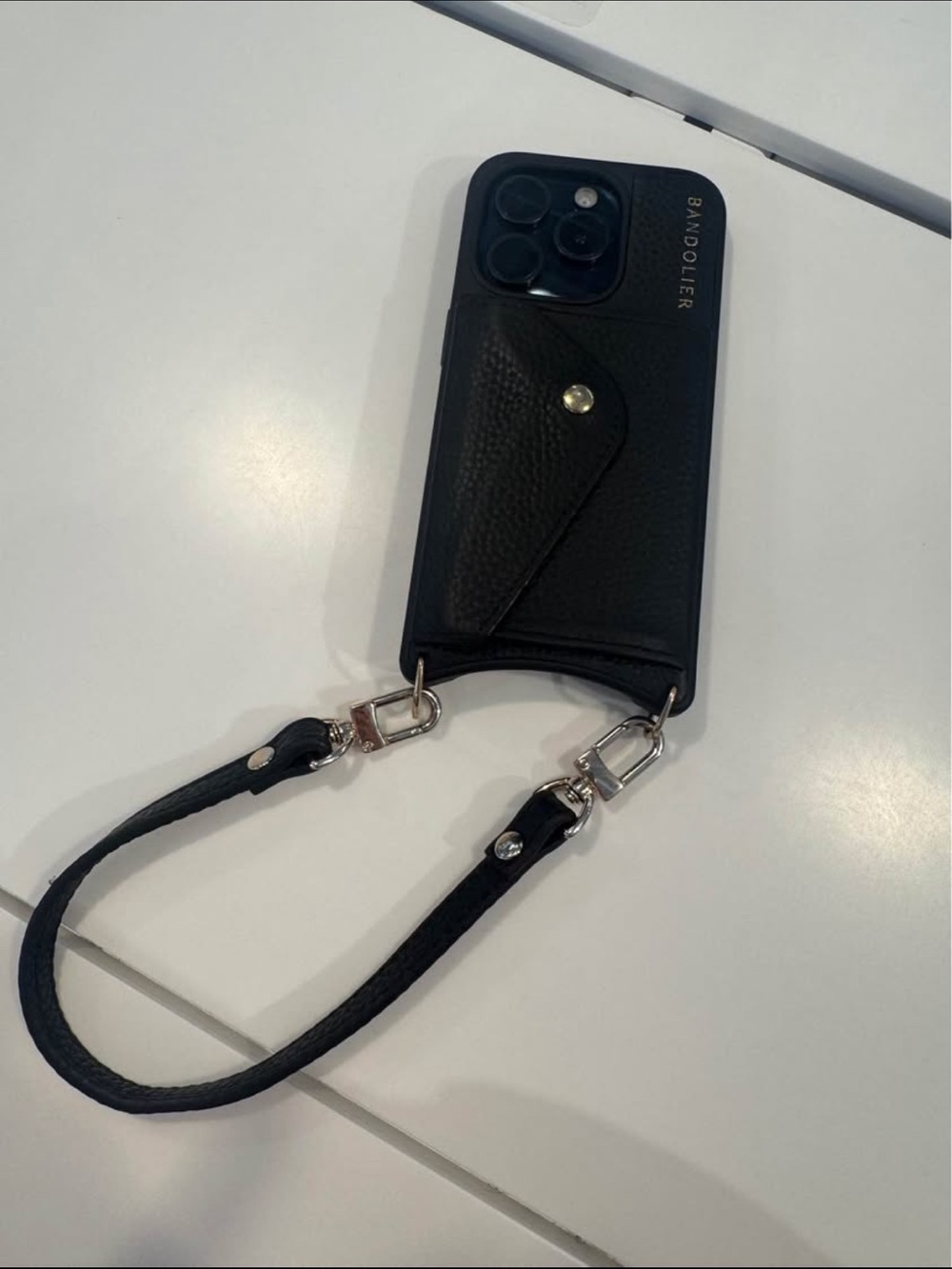Bandolier Black Leather Crossbody Phone Case with Card Pocket and Strap